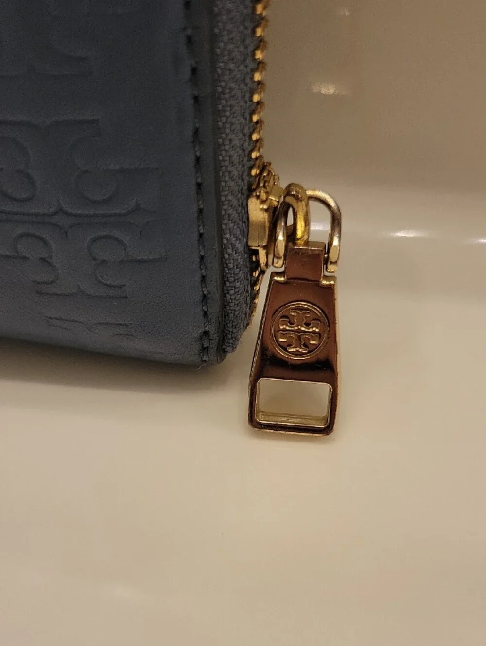 Tory Burch Periwinkle Embossed Logo Zip Wallet